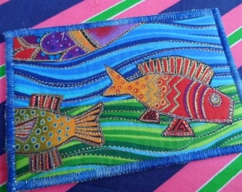 Quilted Postcard - Laurel Burch Postcard - Handmade Postcard - Fabric Postcard - Patchwork Postcard - Artist Postcard - Birds Post Card