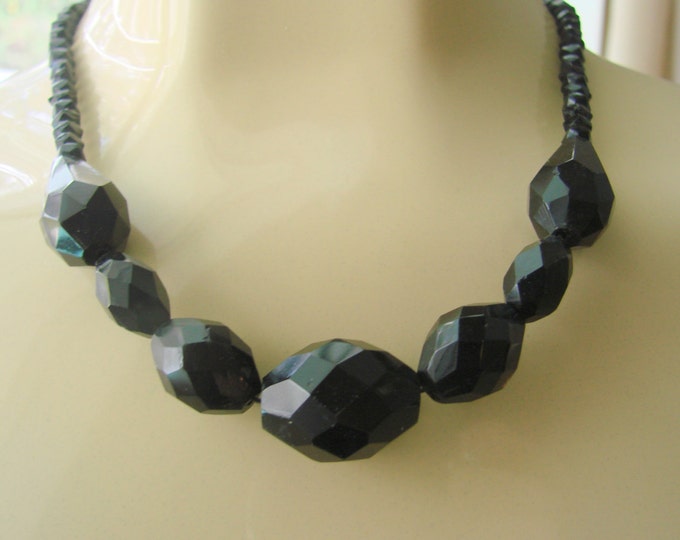 Antique Black Faceted Glass Bead Choker Necklace / Early 20th Century / Vintage Jewelry