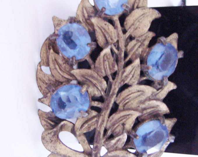 Antique Art Deco Floral Pot Metal Brooch / Faux Sapphire Blue Faceted Lucite Stones / Vintage / Jewelry / Jewellery