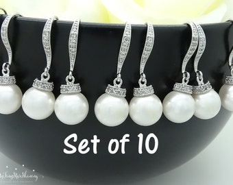 Set of 10 Pearl Earrings Bridesmaid Gift Wedding Jewelry Pearl Bridal Earrings Swarovski Crystal Pearl Earrings Silver 15% discount