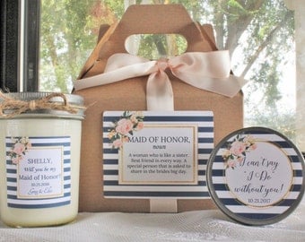 Will You Be My Bridesmaid Gift/ Will you be my Maid of Honor Gift/Navy & Blush Bridesmaid Gift// Bridesmaid Candle/ Sugar Scrub