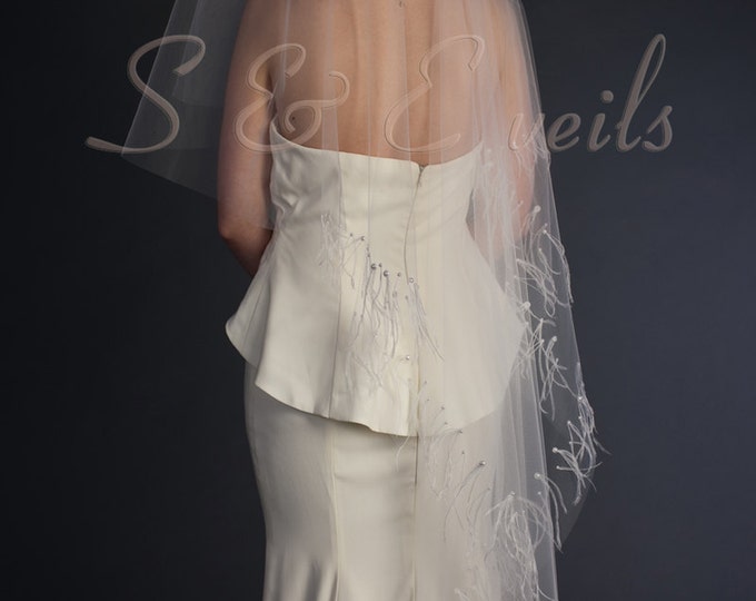 Ready to ship: White color, 2-tier Drop veil features feathers and pearls around edging, bridal veil.