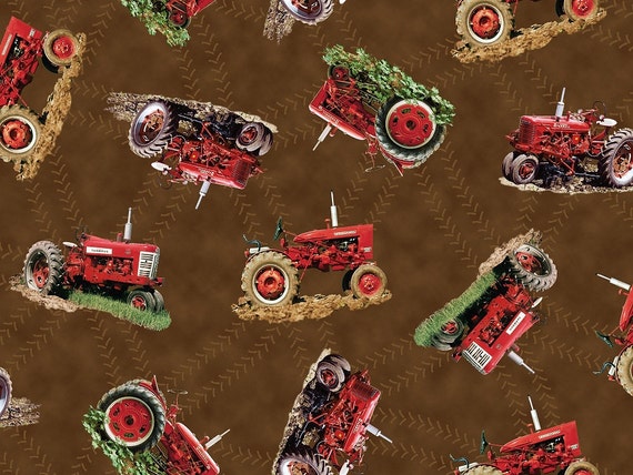 Farmall tractor fabric on brown background 100% cotton sold