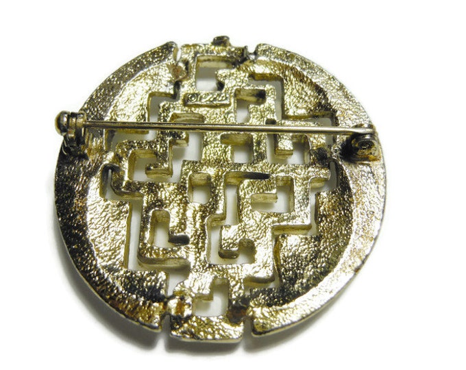 Coro modernist brooch, 1960s geometric cutout shapes in round wavy textured brooch, cubism design, Modrian squares, gold textured, mod