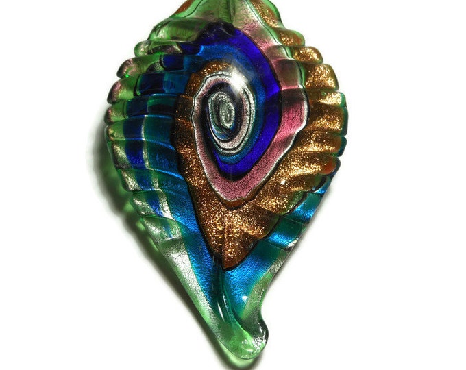 Large lampwork pendant, silver-colored foil and copper-colored glitter multicolored swirls with large bail, carved leaf, 66 mm X 45 mm