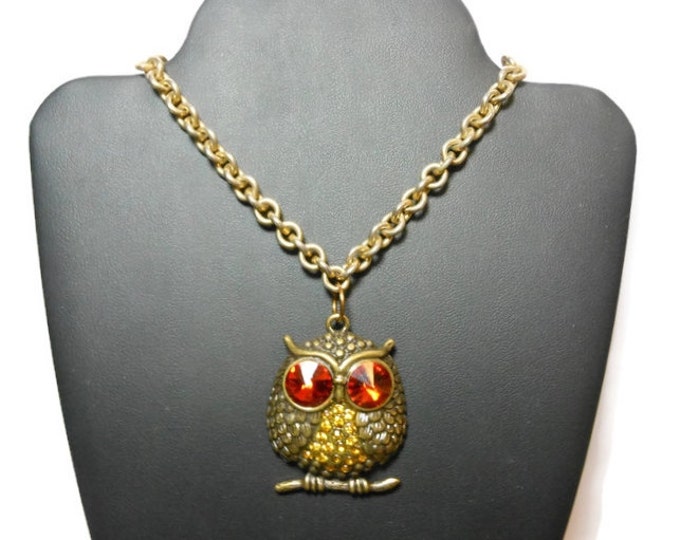 FREE SHIPPING Antiqued brass owl necklace, vintage gold tone heavy link chain, new large rhinestone and antiqued brass owl pendant