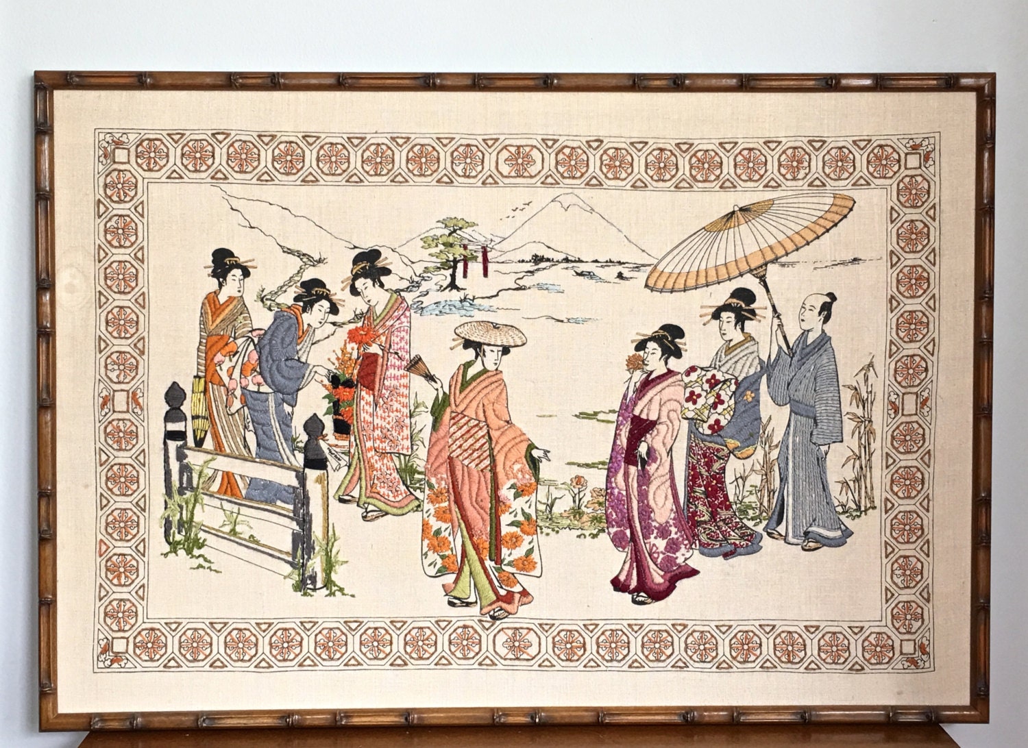 Vintage Japanese Needlepoint Crewel Asian Tapestry Stitchery