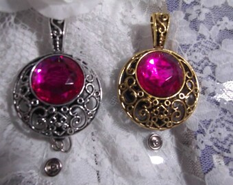 Hot pink Designer Glass ID Badge Tag Glass Holder Necklace Lanyard Retractable Reel Unique Setting