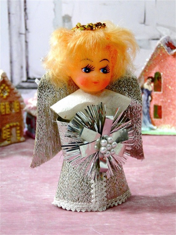 Vintage Christmas Angel Doll Silver Tinsel Tree Ornament Mid