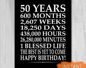 50th Birthday Sign Digital File Instant Download Birthday Poster 50 Year Birthday Gift Days Hours Minutes PRINTABLE Large Art