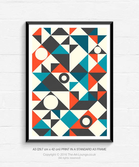 Geometric Art Mid Century Modern Abstract Art Blue And Red