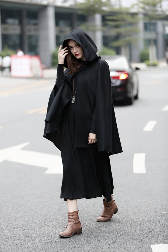 Black Hooded Wool Coat Wool Cloak Cape Cashmere Women Wool