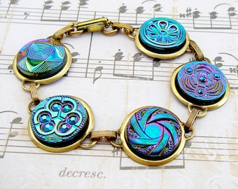 Blues - Vintage Czech glass button bracelet, repurposed jewelry, up-cycled jewelry