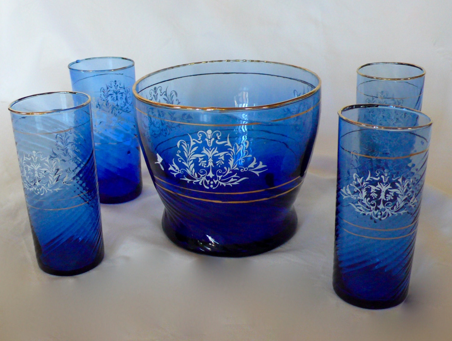Vintage Cobalt Blue Hand Blown Swirl Drinking Glasses Tumblers