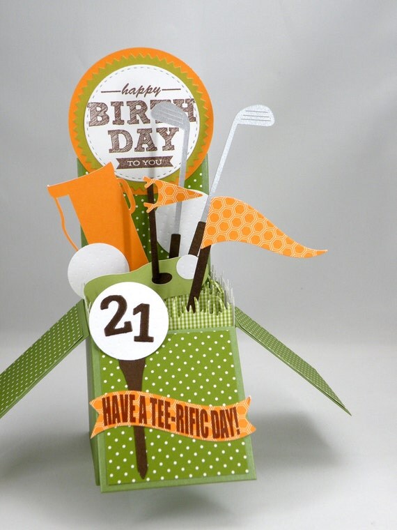 3D Golf Birthday Card Age Card Box Card in Orange and Green