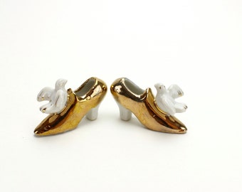 Vintage Porcelain Shoes, Gold Shoe, Gold Slippers Unique Cake Topper, Miniature Porcelain Shoe Ceramic Doves, Gold Wedding, Epsteam
