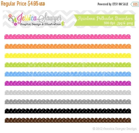80% OFF - INSTANT DOWNLOAD, whimsical polkadot rainbow scalloped borders, border clip art, clipart, scrapbook edge, commercial use Il_570xn