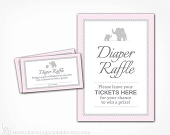 Girl Diaper Raffle Printable Insert Ticket and Sign - Gray Grey and Pink Elephant Baby Shower - Instant Download - Girl Baby Shower