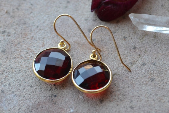Garnet Bezel Stone Earrings Faceted Garnet Deep Red Stone