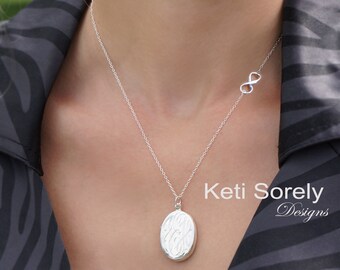 Oval Monogram Locket - Engraved Initials in Sterling Silver, Rose Gold or Yellow Gold - Monogram Locket With Sideways Infinity Necklace