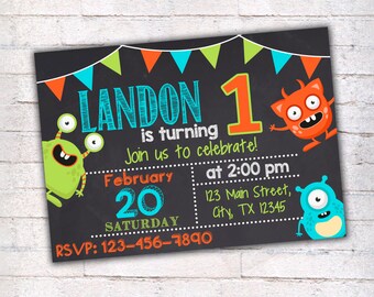 Monster Birthday Invitation, Printable Invitation, Monster Party, First Birthday Invitation, Chalkboard Invitation, Monsters Invitation, 013
