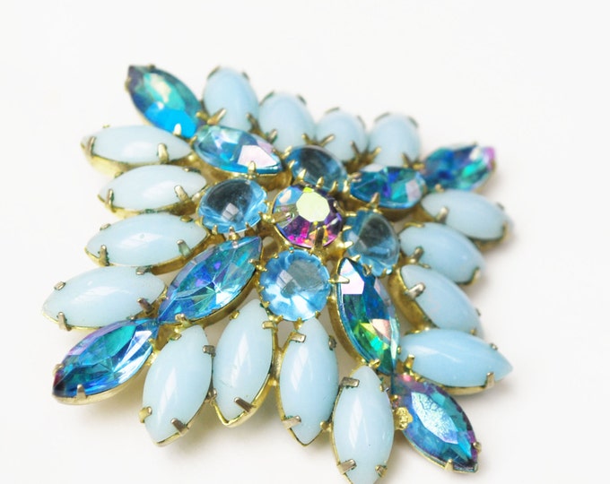 Blue Rhinestone Brooch - light blue glass - open back - Floral flower Pin - Aurora Borealis stones - slightly domed Mid Century