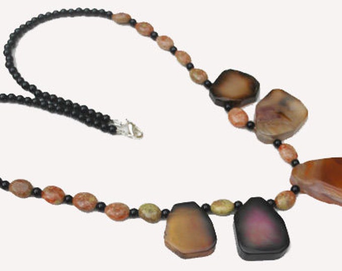 Handmade Agate Jasper and Obsidian necklace - Gemstone necklace -