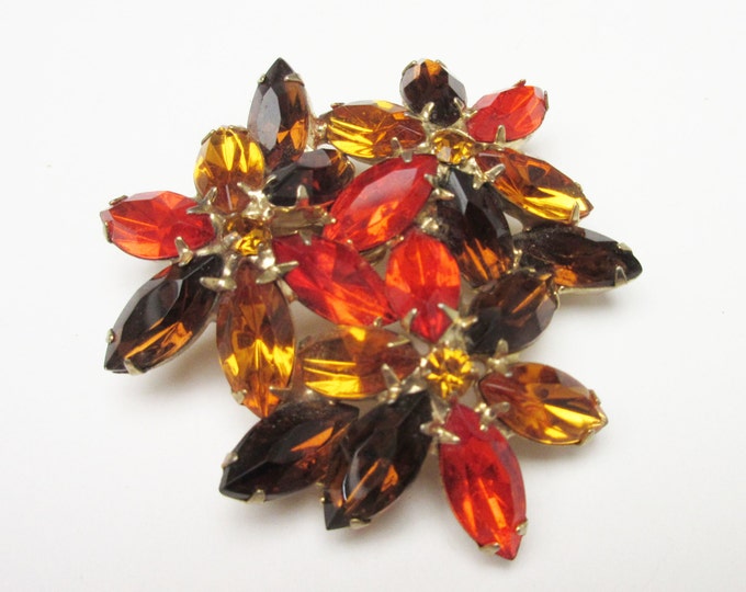 Rhinestone Brooch - Brown orange and Citrine - Domed - Floral Flower pin