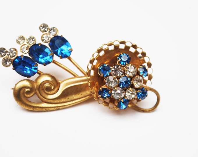 Blue Rhinestone flower Brooch - Gold Plated Floral -Mid century Pin