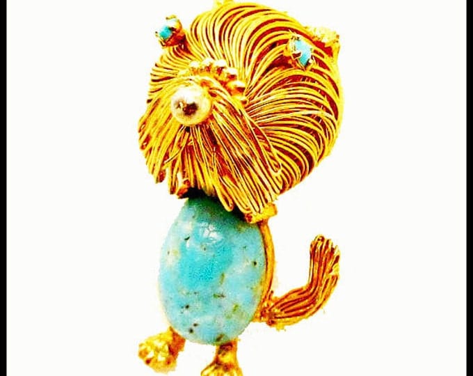 Dog brooch of gold wire wrapped and blue speckled cabochon figurine pin