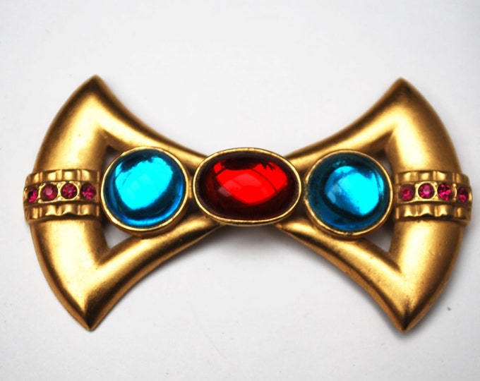 Bow Bar Brooch - Red blue cabochon -Rhinestone Art Deco Style pin