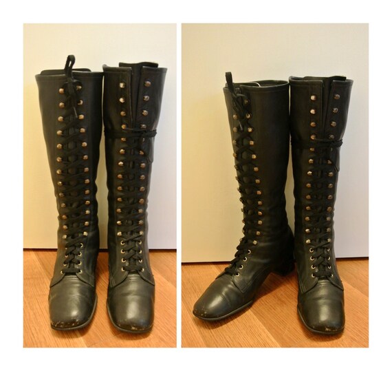 Size 9 Tall Black Lace Up Boots Vintage 1960s Knee High Black