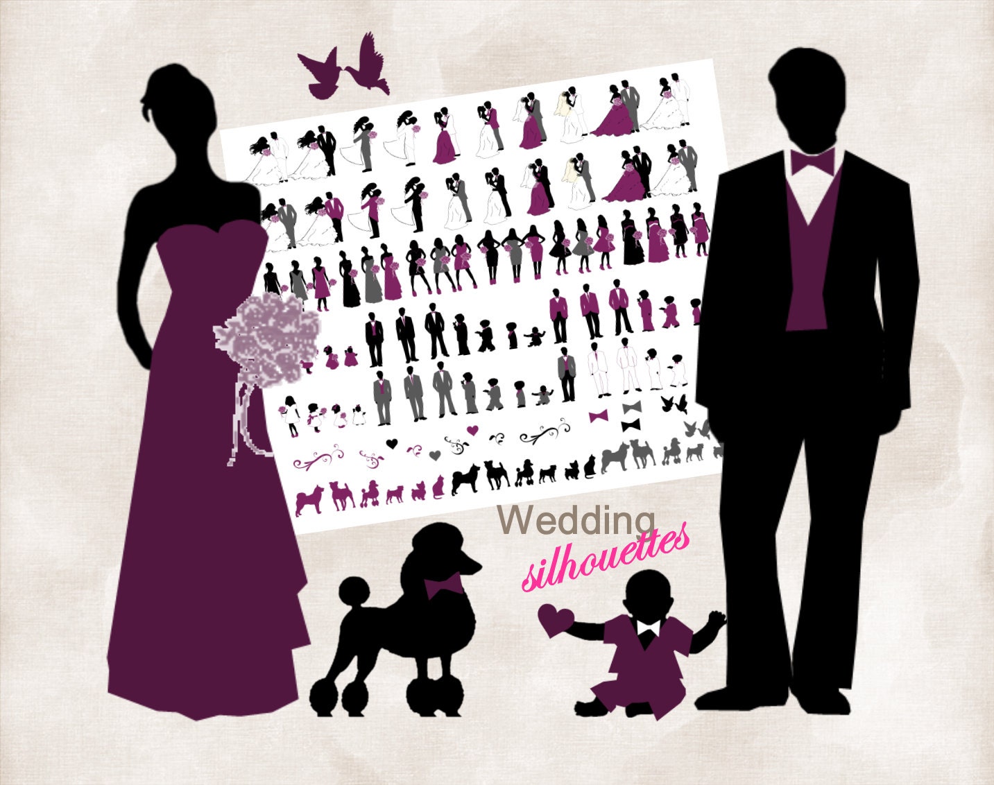 Silhouette Wedding Bridal Party 108 Silhouettes Clipart