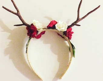 Deer doe flower headband, roses cosplay deer antler headband, halloween costume