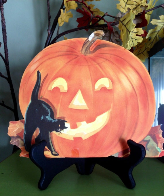 Vintage Halloween Glowing Jack O Lantern Black Cat Halloween