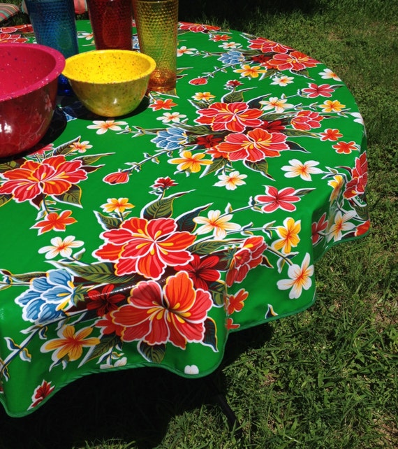 60 Oilcloth Tablecloth Round Green hibiscus by notyourmamaskitchen
