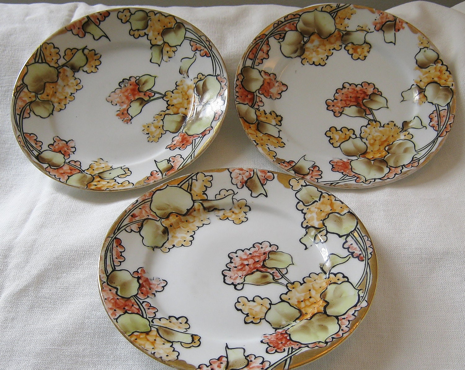3 Early Noritake Nippon Plates Green M Wreath Mark circa 1912