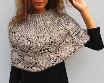 Ladies Knit Wrap Capelet Cape Autumn Winter Cover up Spring Shrug Blueish-Grey Marble