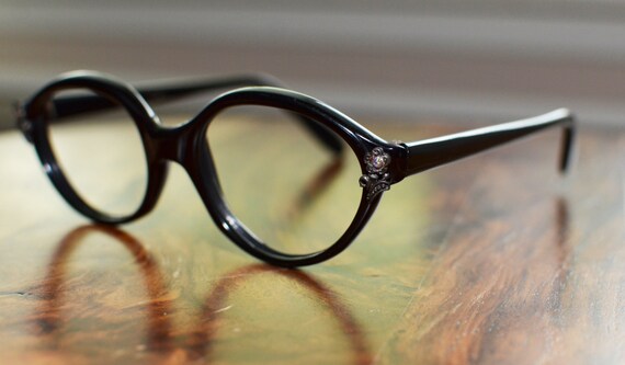 Vintage Christian Dior Black and Rhinestones Round Eyeglasses