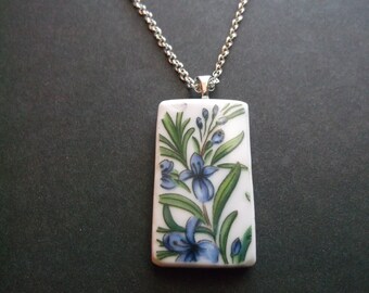Broken China Plate Necklace - Handmade Blue Flowers necklace made from a recycled broken plate
