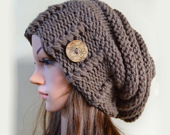 Slouchy beanie hat with button - TAUPE (or chose color) - Oversized - chunky - handmade - vegan friendly -baggy - Under 50