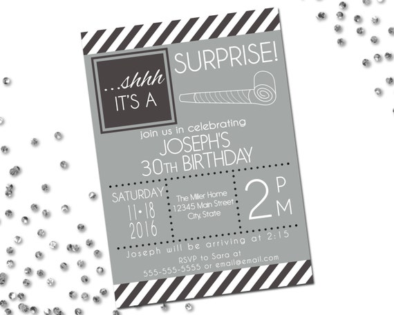 Surprise Birthday Party Invitation - Surprise Birthday - Stripes - Grey and White - Printable Il_570xn