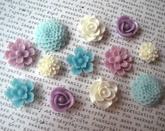 Cute Fridge Magnets, 12 pc Flower Magnets, Purple, Aqua and Ivory Magnets, Housewarming Gifts, Hostess Gifts, Wedding Favors