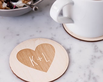 Personalised Couples Heart Coaster - Wooden Coaster - Housewarming Gift - 5th Anniversary Gift - Couples Gift - Rustic Coaster - Coaster Set