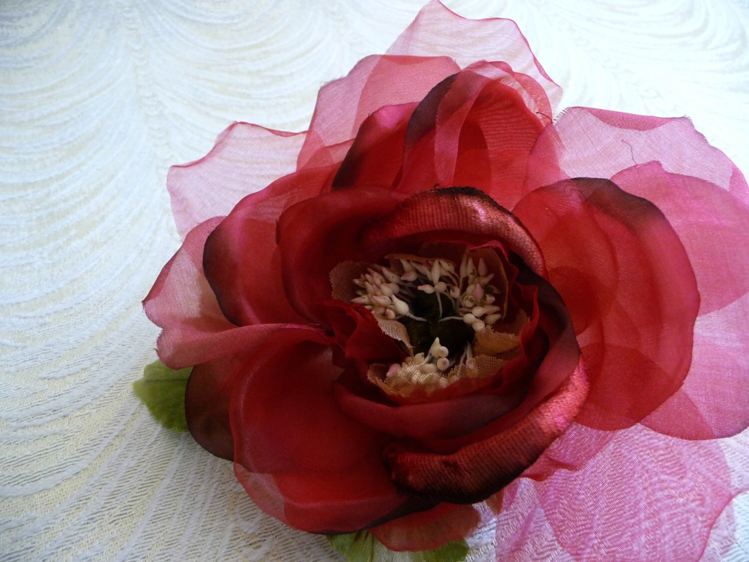 Silk and Velvet Rose Millinery with Leaves Scarlet Red Shaded
