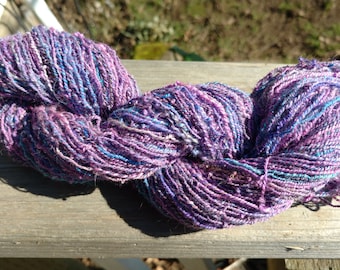 Handspun wool yarn, Romney wool and bits of firestar yarn, hand dyed, fun yarn, Oregon Pacific Northwest made