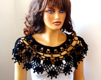 Black Lace Bride Bridesmaid Shawl Bolero Wrap Shrug Capelet, Black Lace Wedding Wrap, Woman Summer Shawll