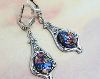 Black Opal Earrings Dangles Black Fire Opal Jewelry Fantasy Mystical