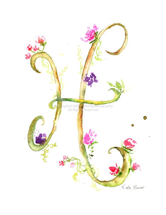 Letter H Watercolor Monogram Flower Lettering Watercolor