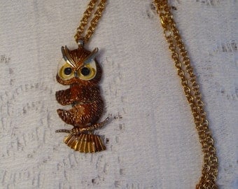 OWL PENDANT NECKLACE - Vintage pendant with newer chain - Golds and Browns